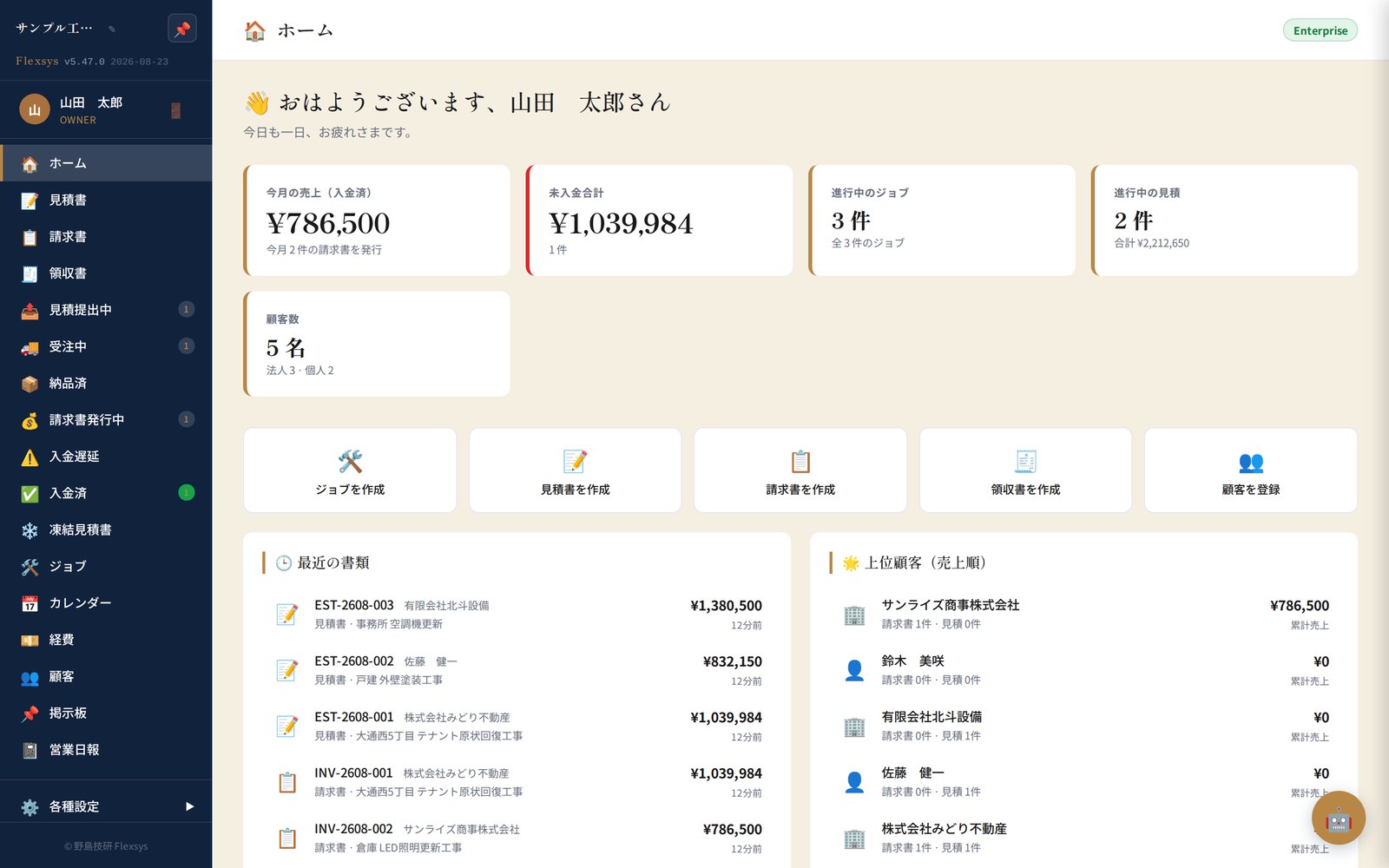 Flexsys ダッシュボード画面